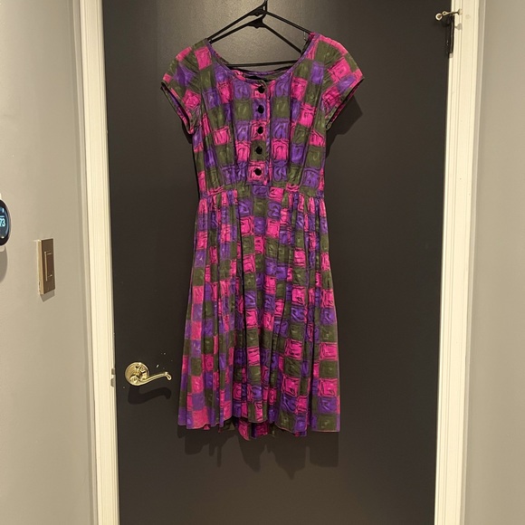 Handmade Dresses & Skirts - 1960s Handmade Purple Pink Green Checkered Dress with Pleated Skirt vintage